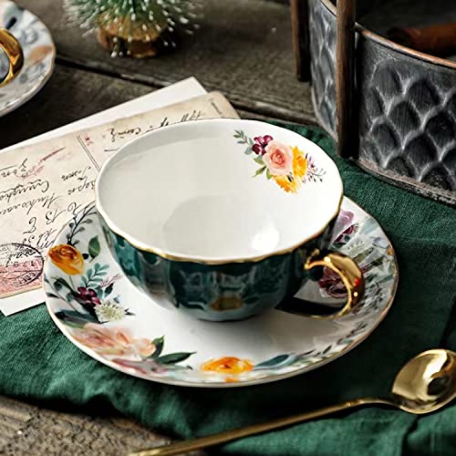 Coffee Tea Gift Set - Green Tea Cup and Saucer, Mothers